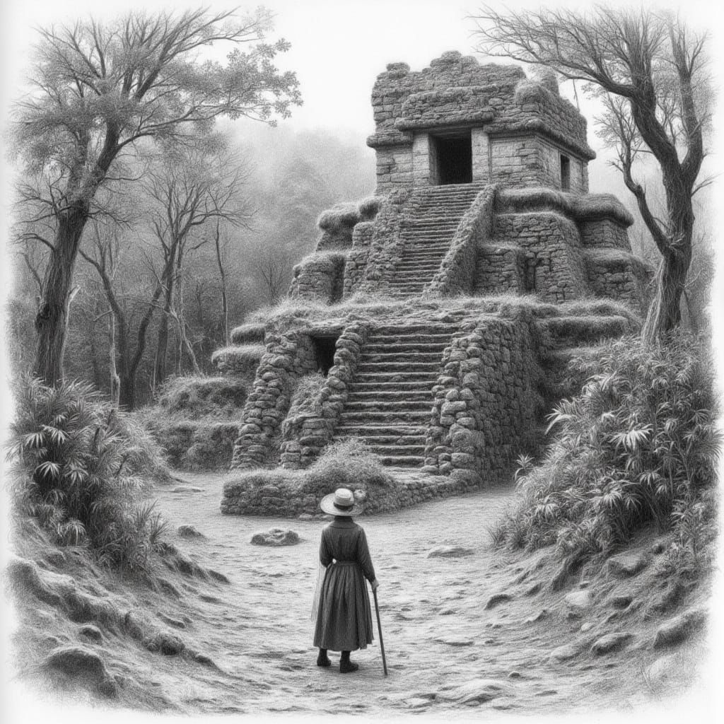 Elegant Victorian Explorer Amidst Ancient Mayan Ruins