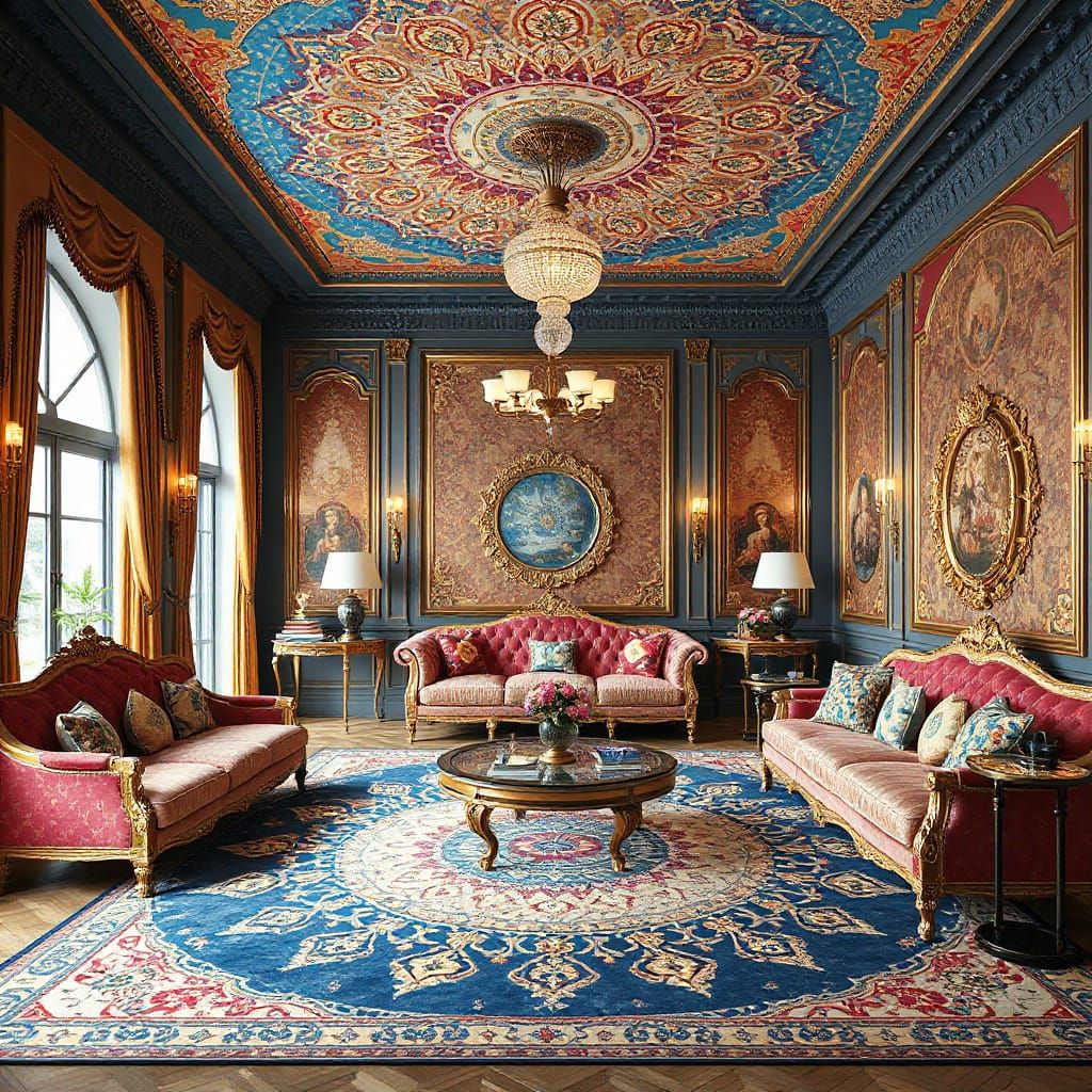 Luxurious Living Room with Intricate Rangoli Patterns