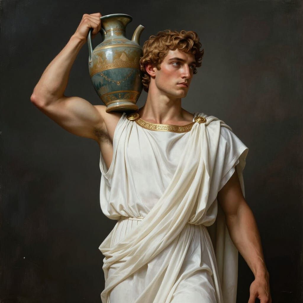 Muscular Greek Youth Carries Water Amphora in Renaissance St...