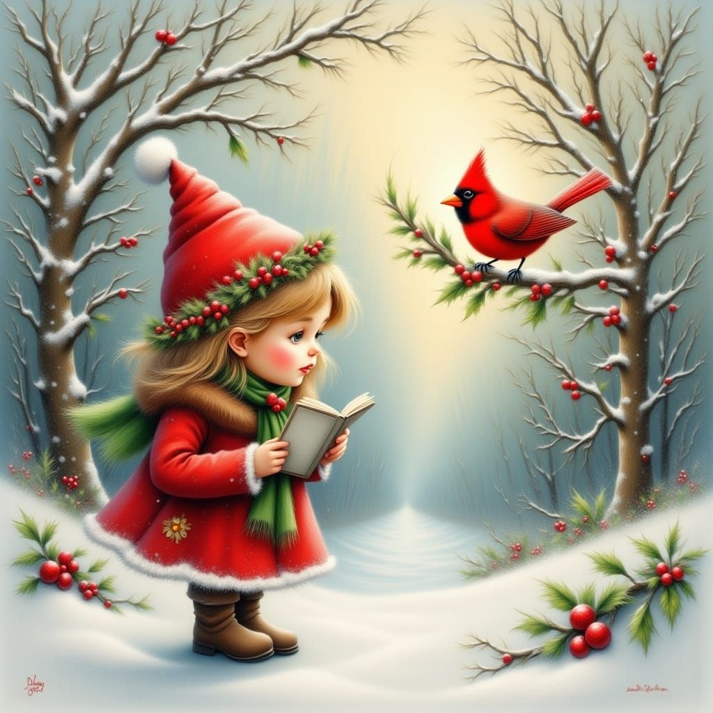 Whimsical Girl and Cardinal in Snowy Caroling Scene