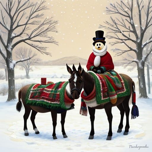 Warm Winter Scene: Jolly Donkey Stands Beside Laughing Snowm...