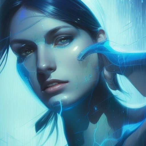 Electric Blue Portrait in Hyperdetailed Splash Art Style
