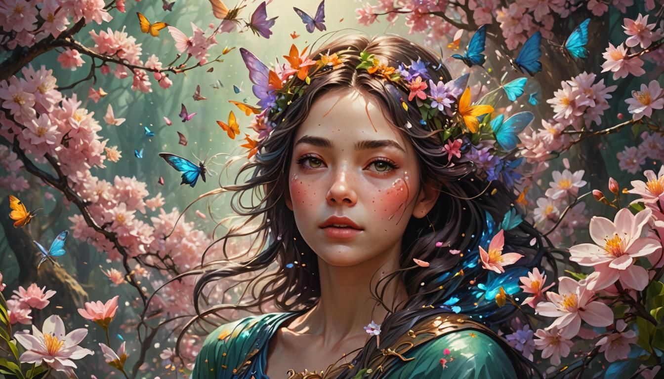 Fairies and Blossoms Surround a Woman