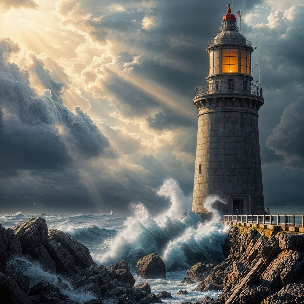 Lighthouse Steadfast Against Turbulent Stormy Sea
