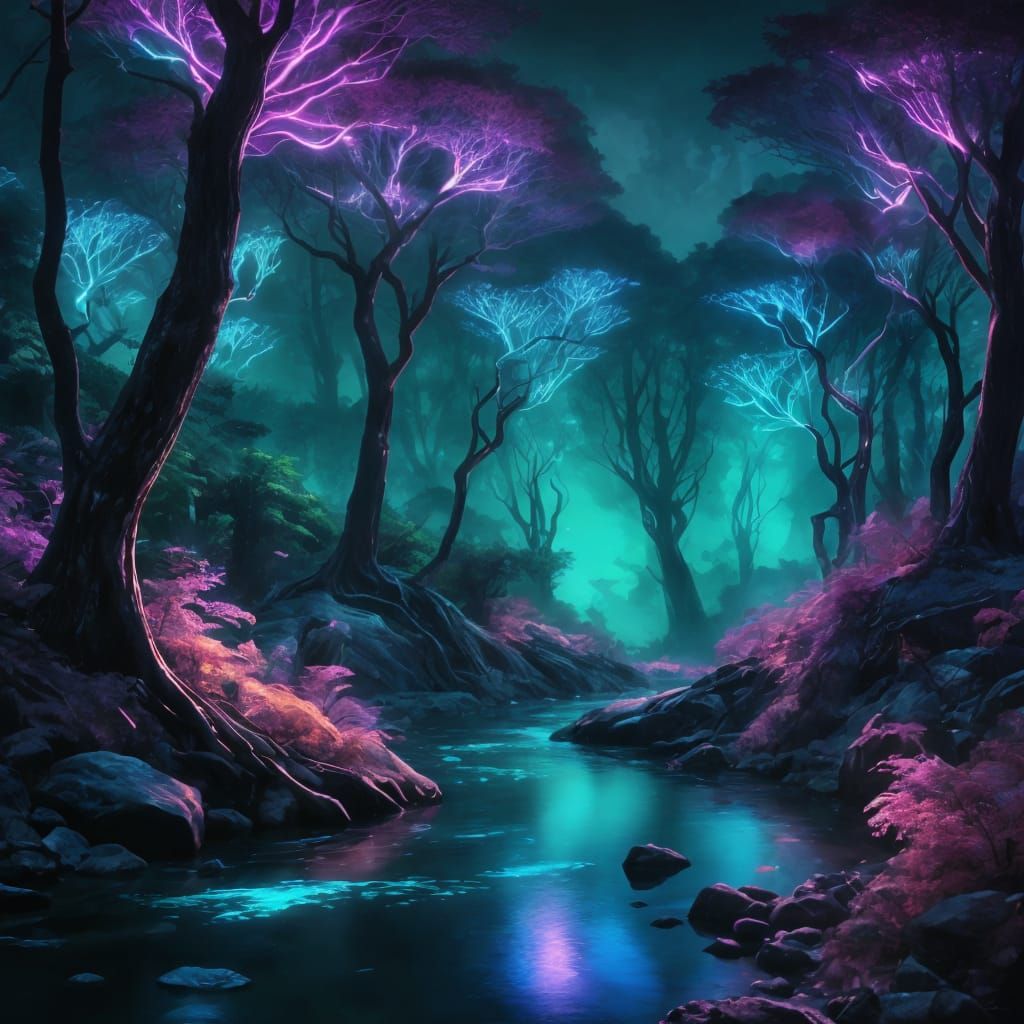 Glowing Enchanted Forest at Night with Neon Lights