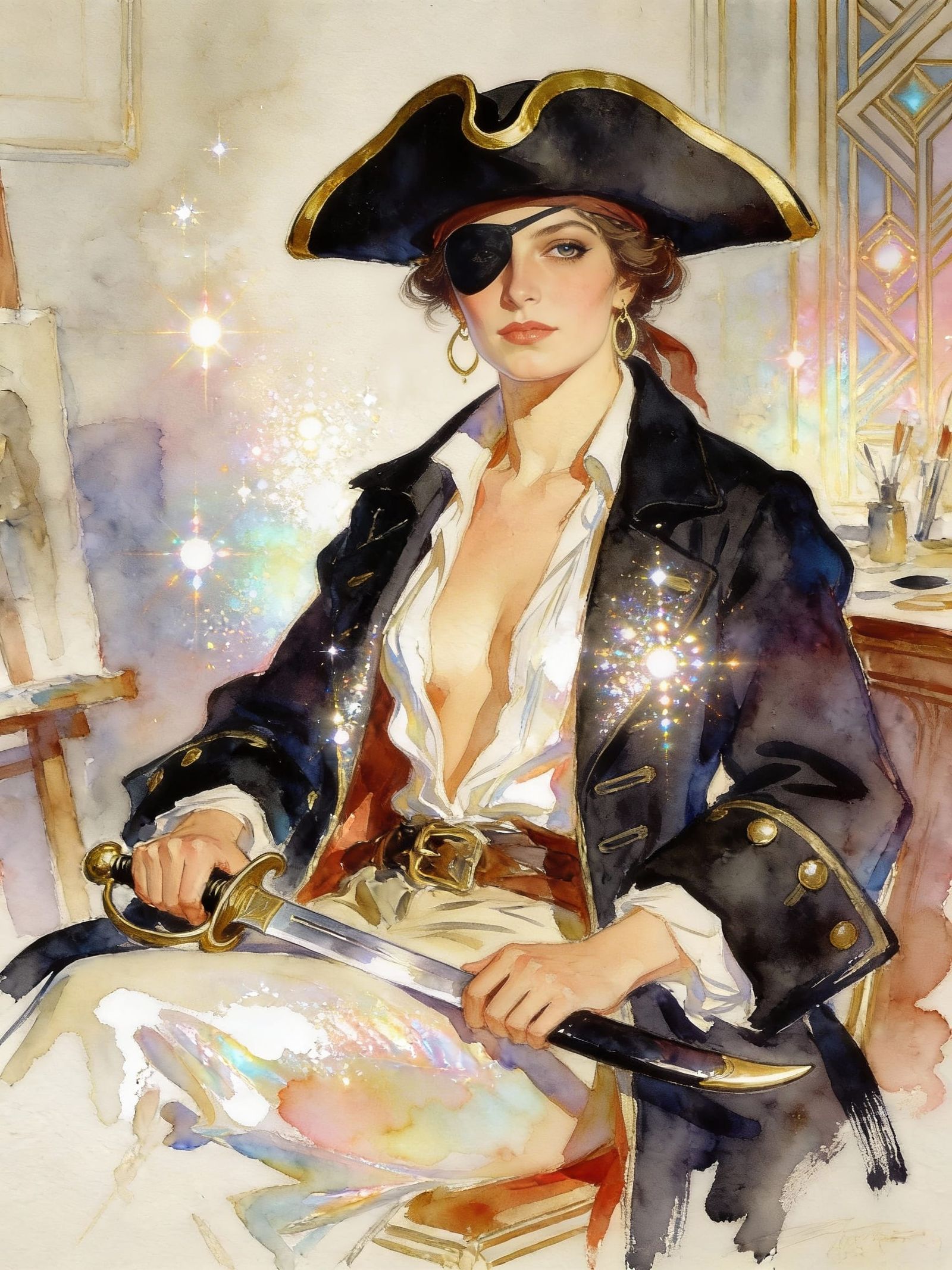 Pirate Woman Portrait in Art Deco Shimmer Style