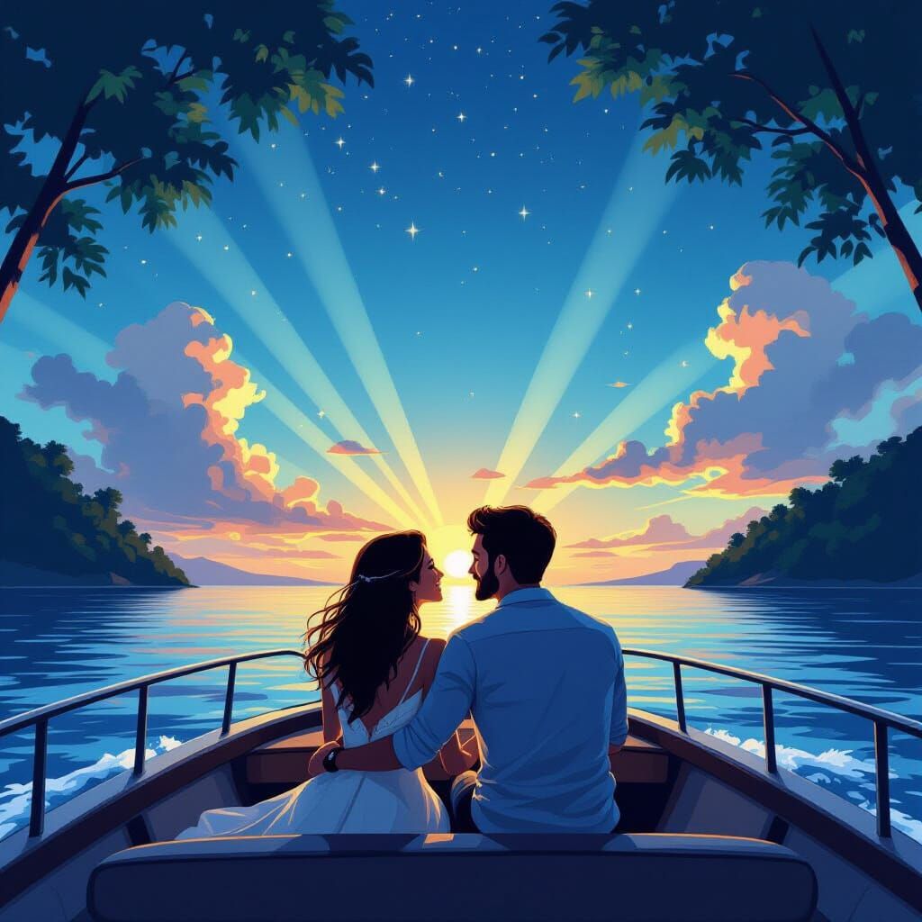 Romantic Couple on a Boat at Sea Illustration