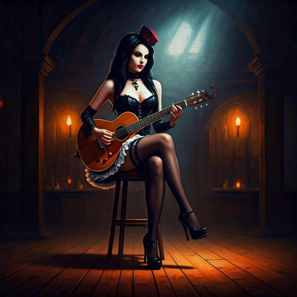 Goth Can-Can Dancer in Dark Tavern: Oil Painting