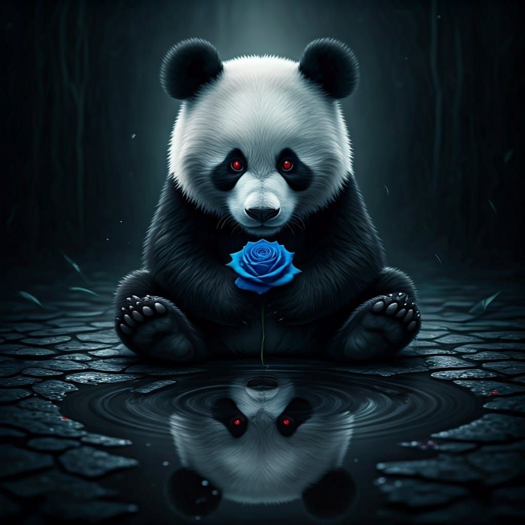 Panda with Blue Rose in Dark Reflection