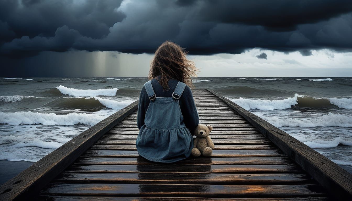 Pensive Girl on Pier in Impasto Style