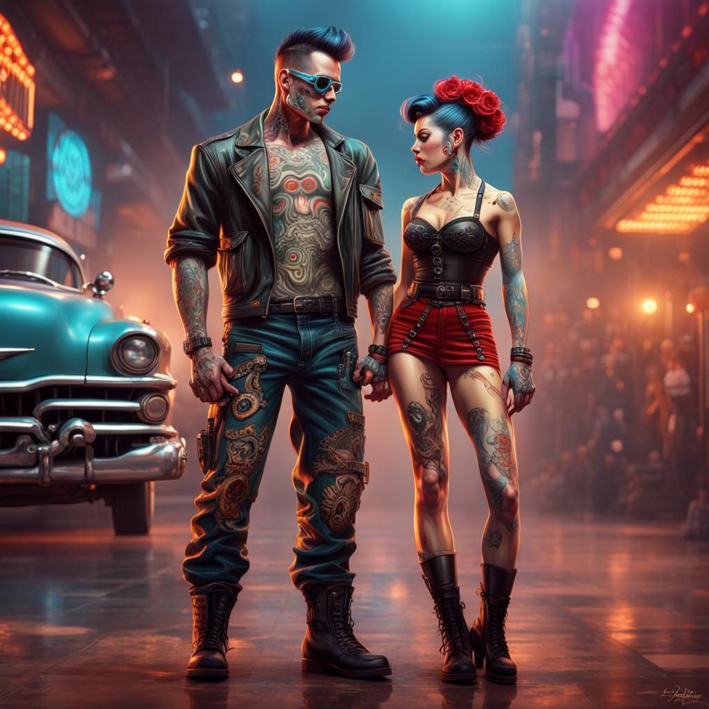 Hyperrealistic Cyborg Rockabilly Couple in 16k