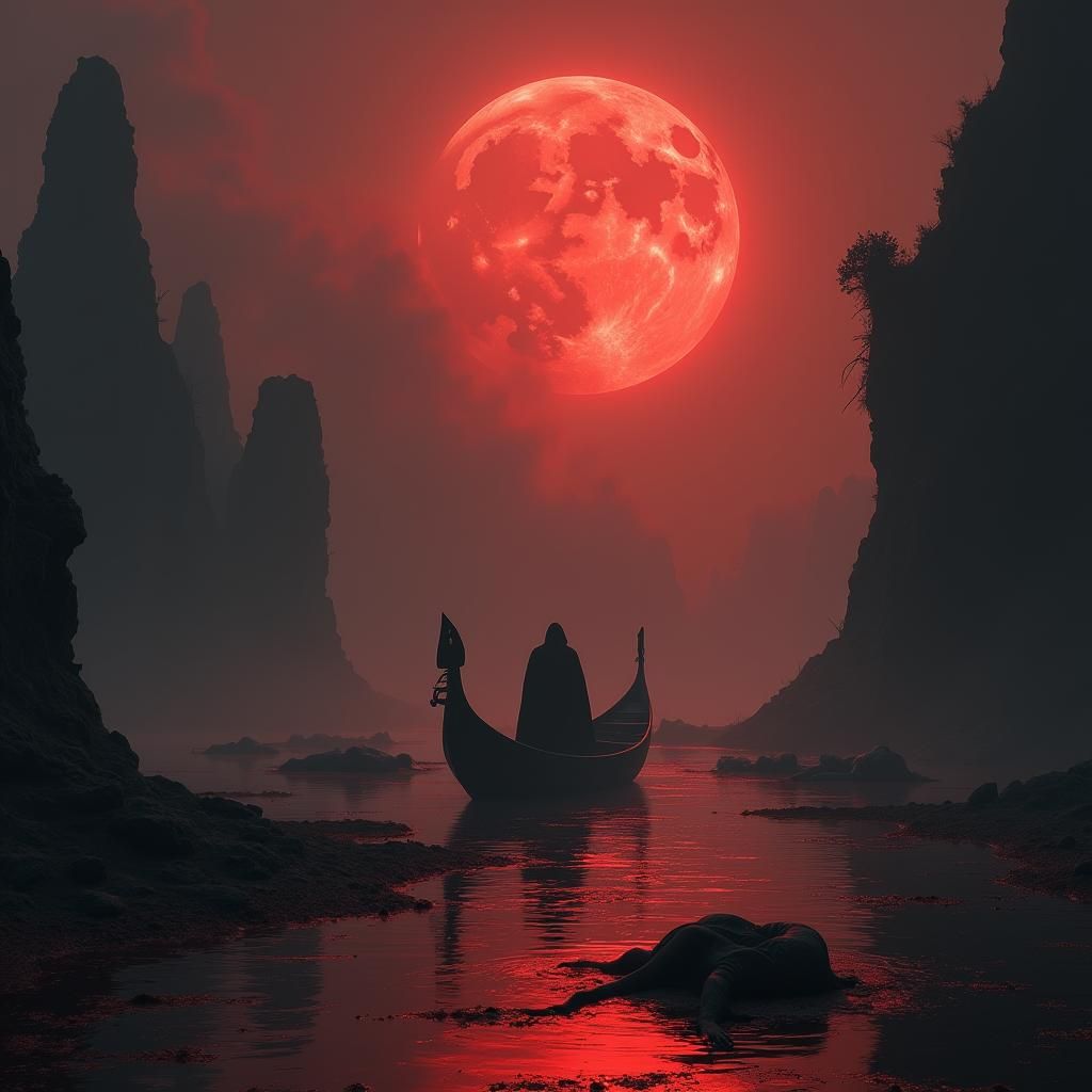 Black Gondola on Blood River: Fantasy Concept Art