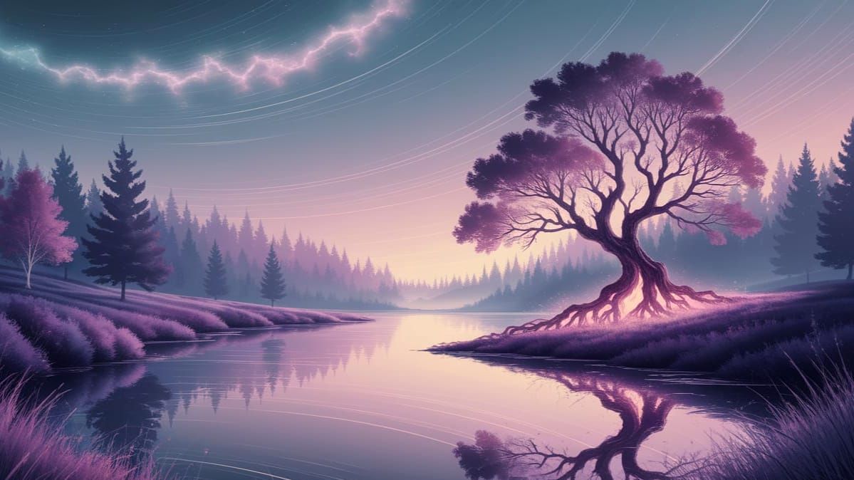 Ethereal Twilight Landscape with Mystical Tree and Nebulae S...