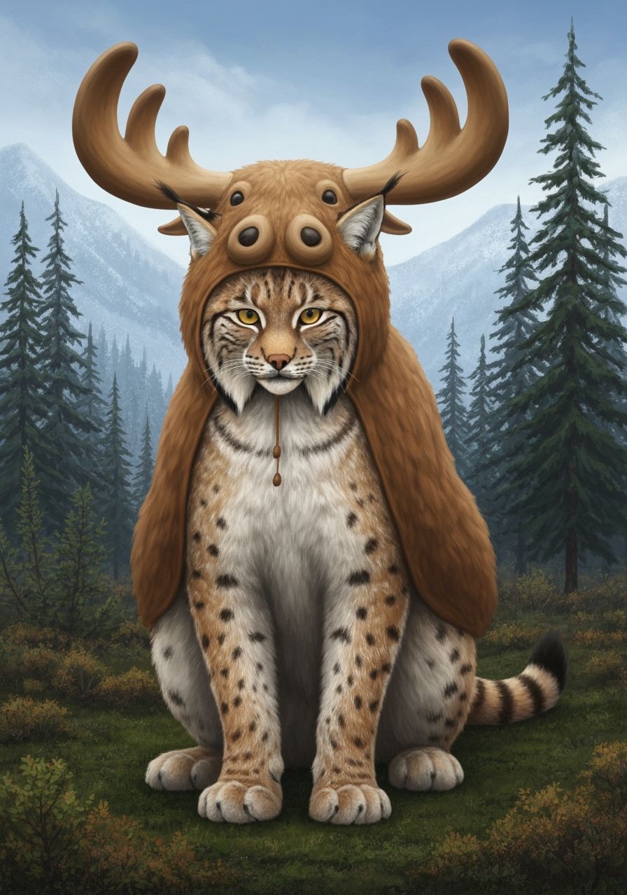 Cute Lynx in Moose Costume in Mountains