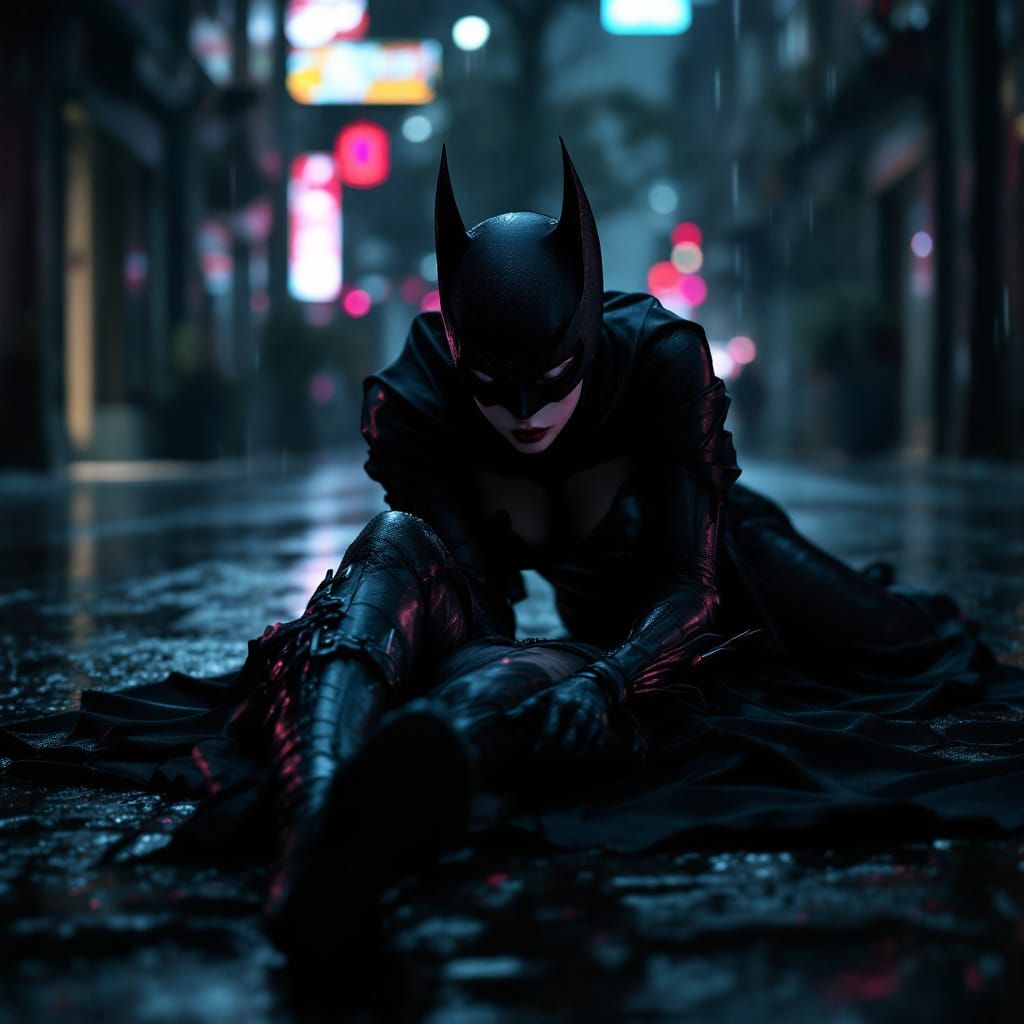 Bat Girl Down: 3D Anime Art on Rainy Street