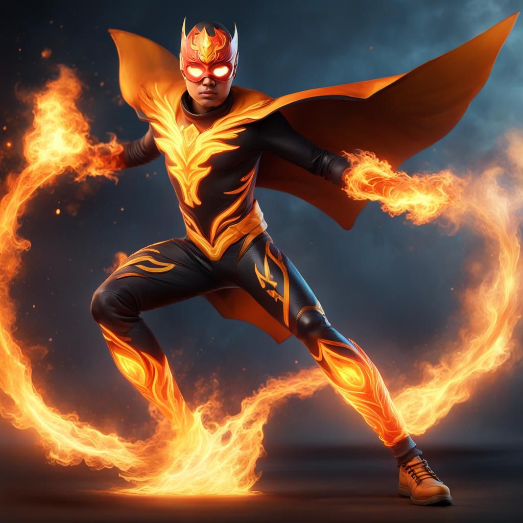 Latino Teen Superhero with Flame Powers