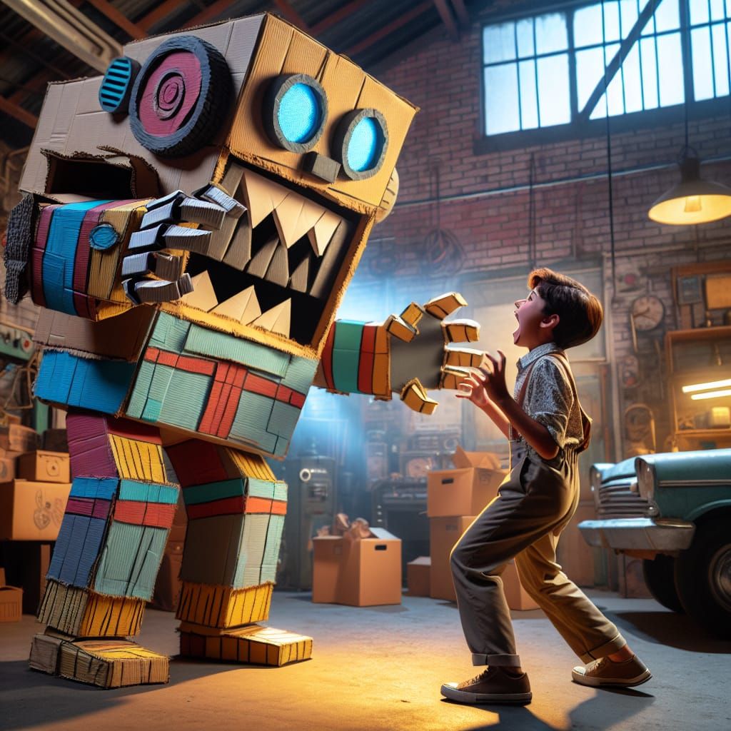 Boy in Robot Costume Plays in Mechanic's Garage