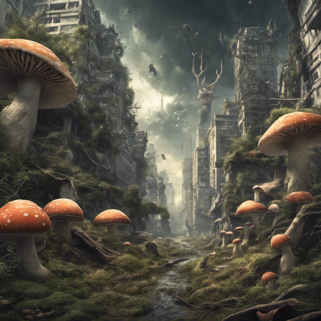 Dystopian Mushroom City with Space Deer in Dreamcore Style
