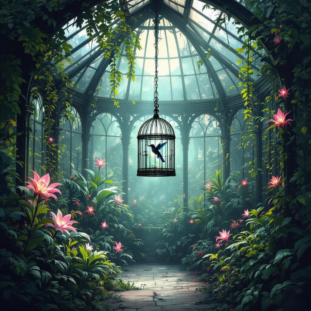 Spectral Hummingbird in Moonlit Victorian Greenhouse