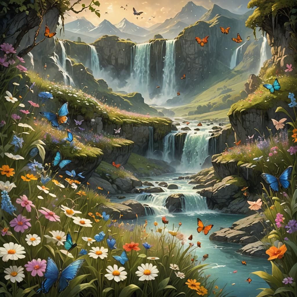 Fantasy Waterfall Landscape with Butterflies: Matte Painting