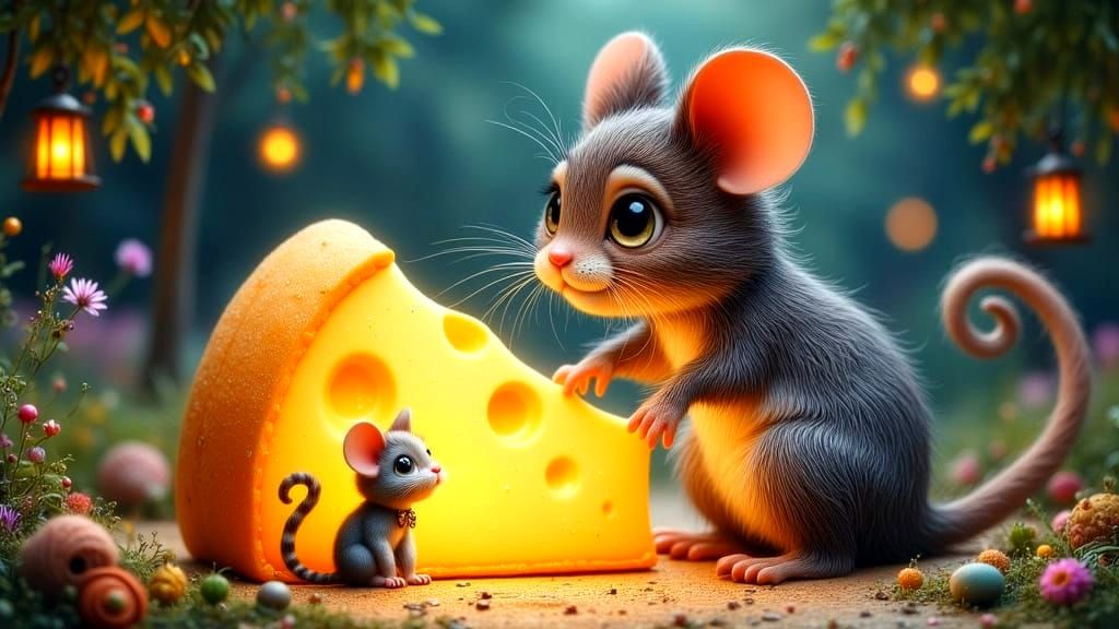 Giant Mouse Offers Glowing Cheese to Tiny Cat