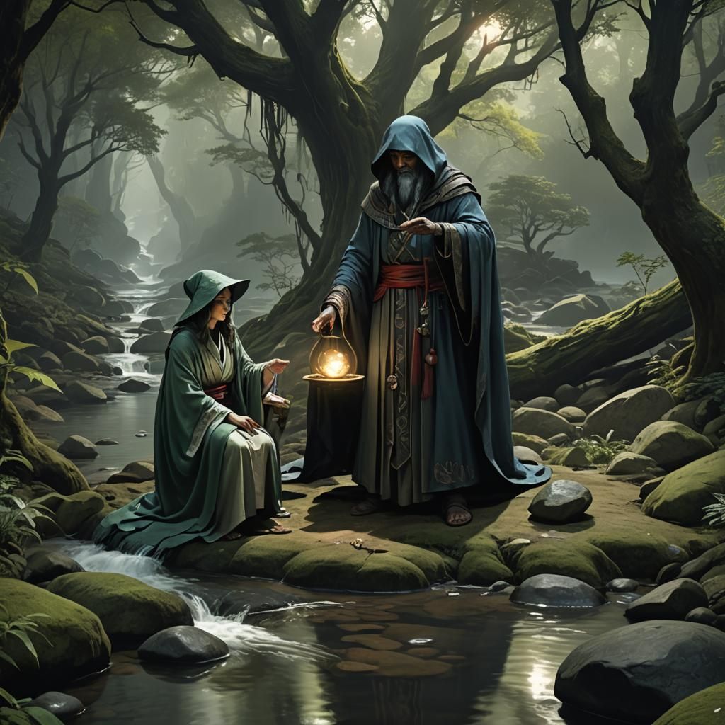 Sage-like Wanderer Meets Rubi in Mystical Forest