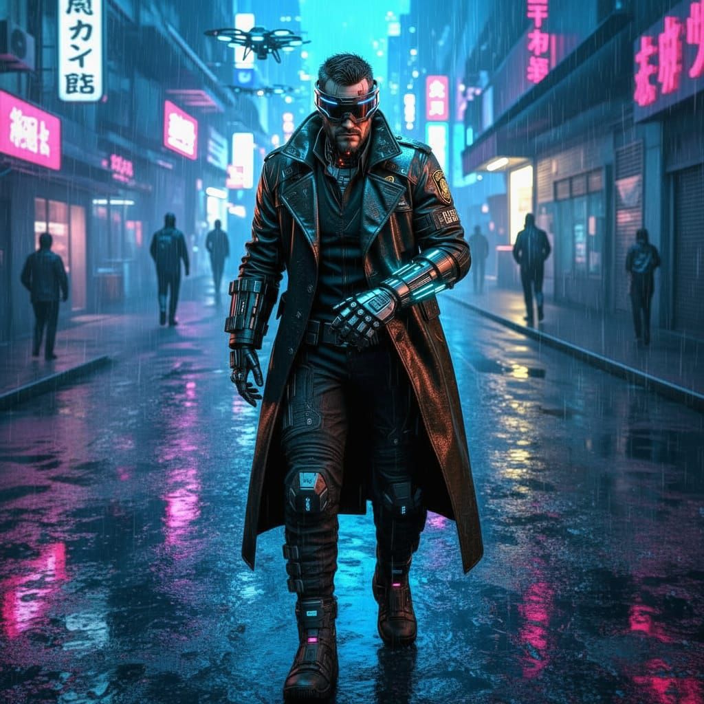Cyberpunk Ex-Cop Hacker Evades Police Drones at Night