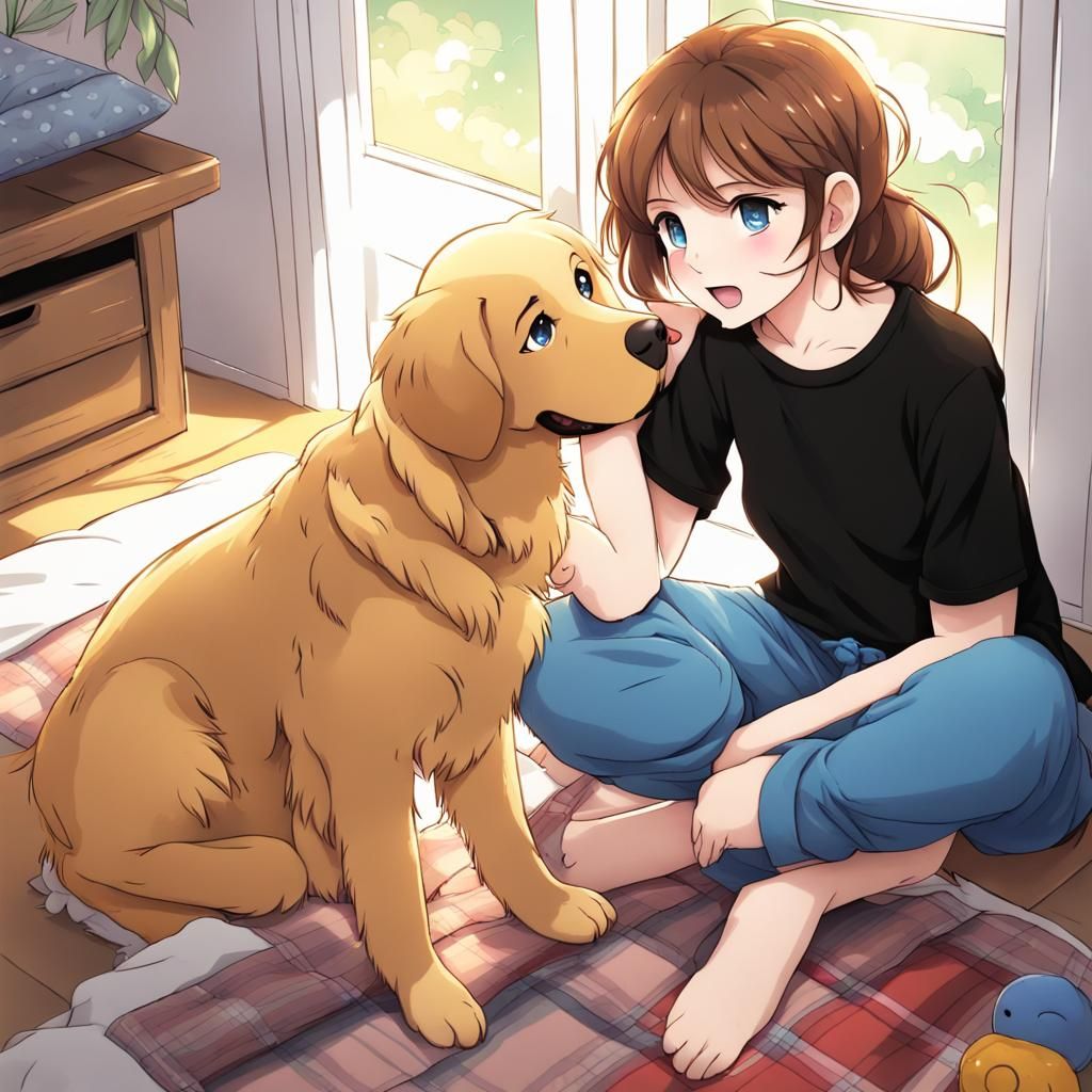 Girl and Golden Retriever in Anime Style