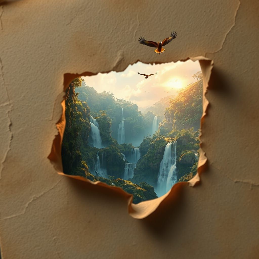 Surreal Landscape Unveiled Through Tattered Page