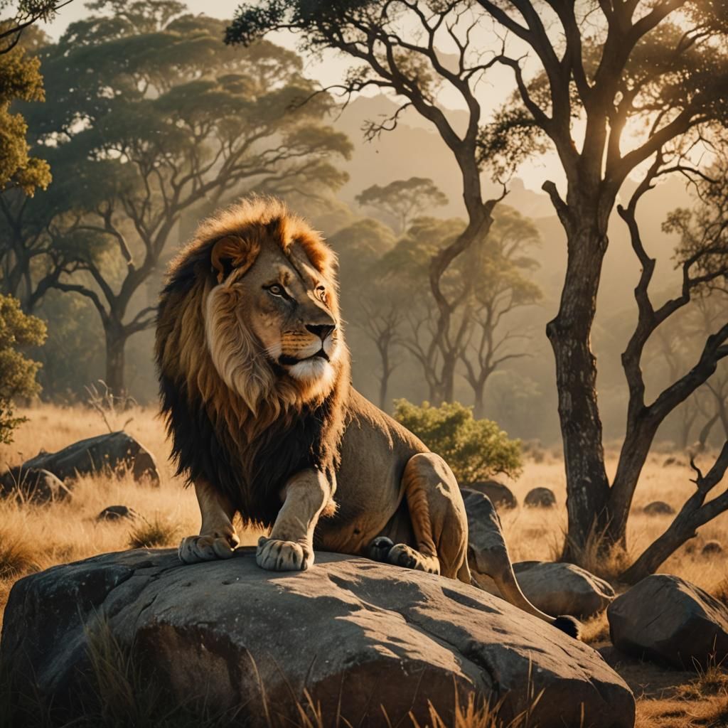 Lion in Savannah at Sunset: Cinematic Film Still