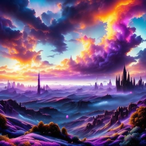 Violet Steampunk Cityscape with Clockwork Gears