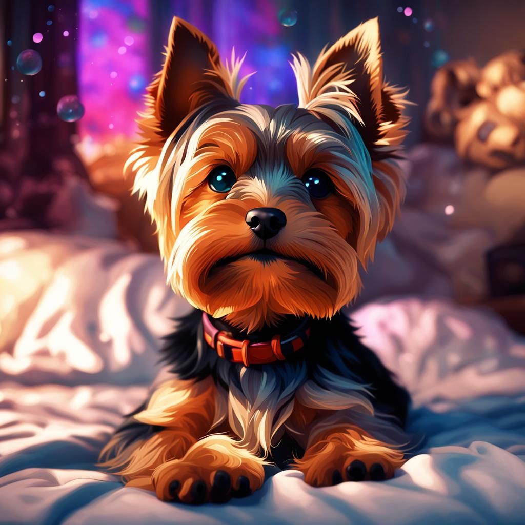 Yorkie puppy lying on a bed
