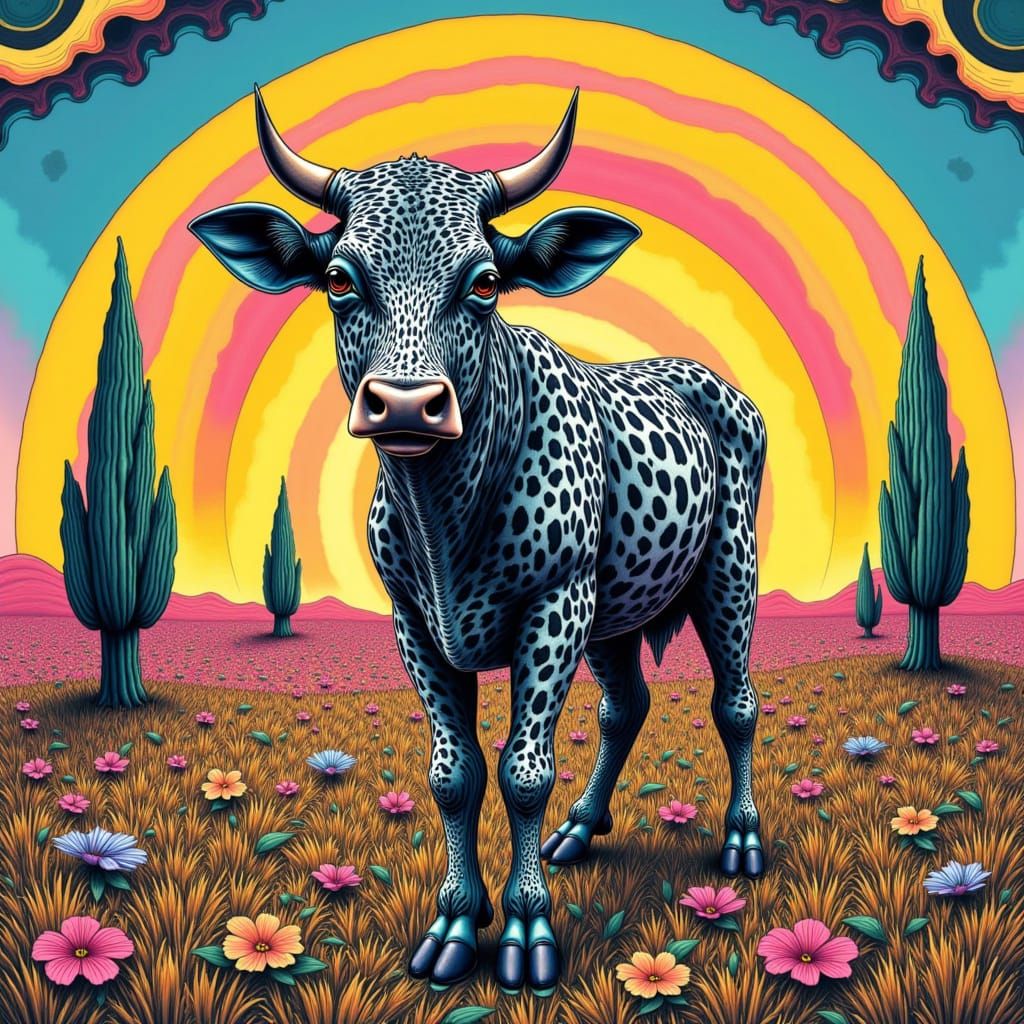 Surreal Cow in Whimsical Animal Print Landscape