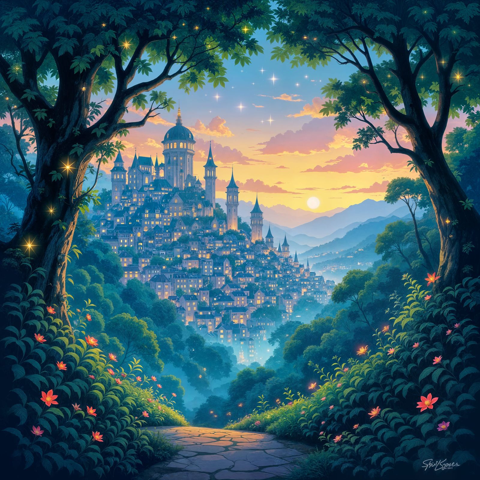 Magical Cityscape Merged with Forest at Dusk