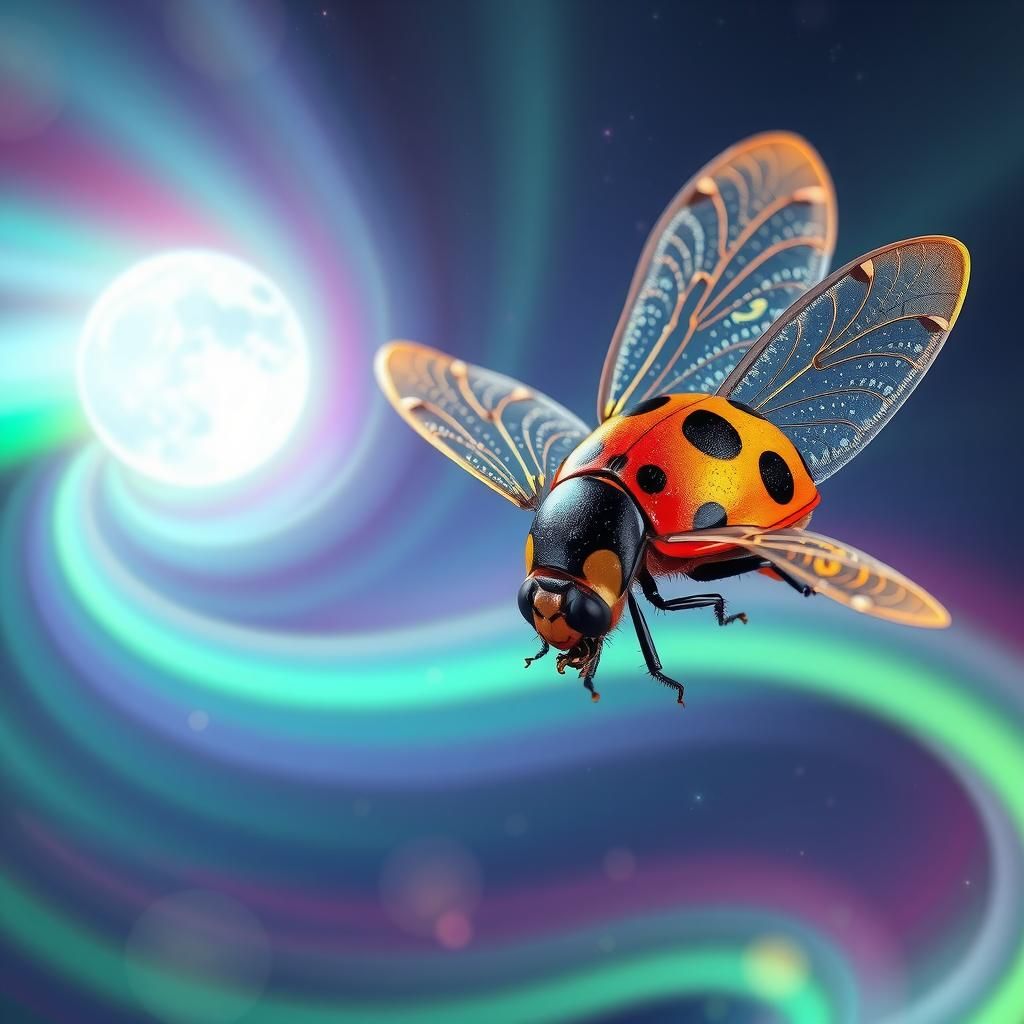 Ladybug and Dragonfly Dance Under Northern Lights