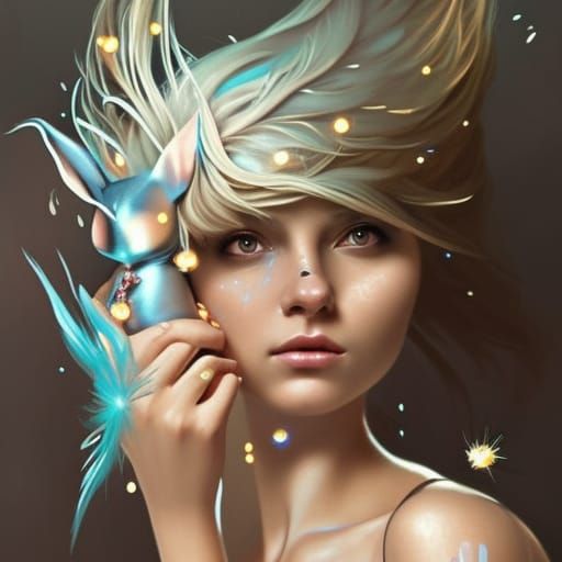 Silver skin metallic bunnie girl golden hair feathers stars ...