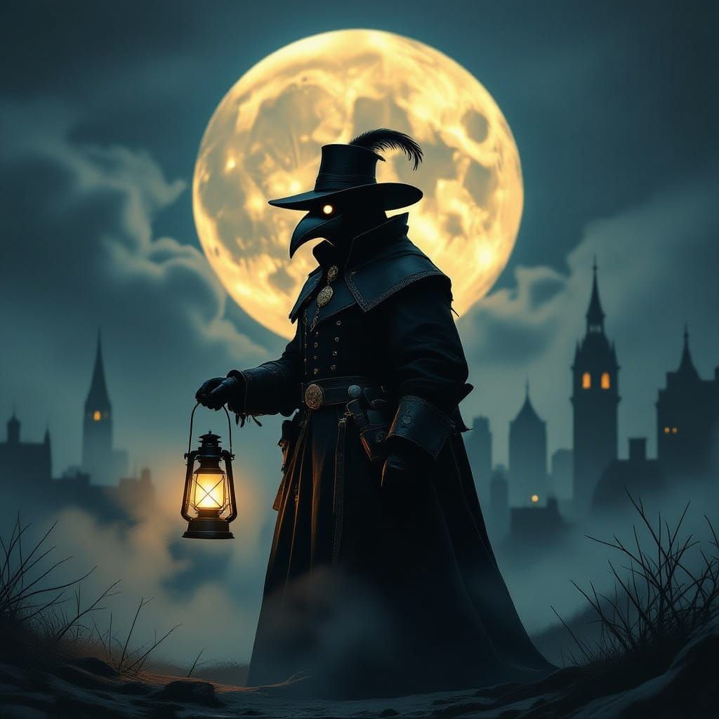 Plague Doctor Silhouette Against Full Moon