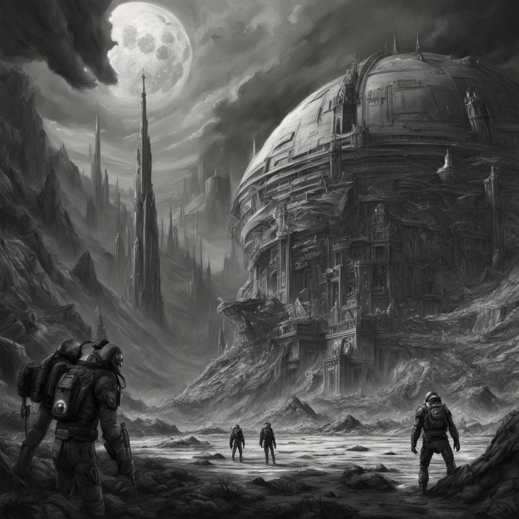 Alien Explorers Discover Ancient Structure in Charcoal Style