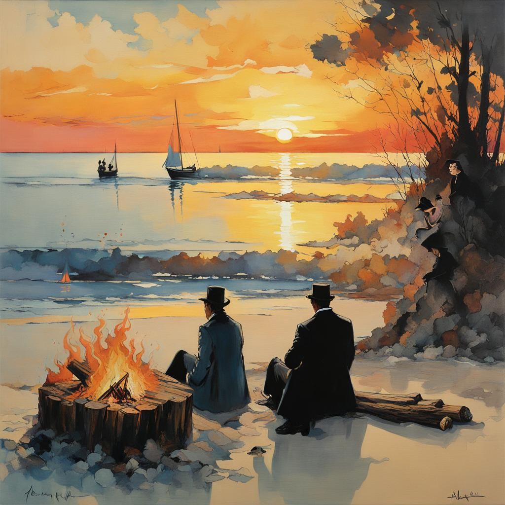 Romantic Beach Sunset in Pointillist Style