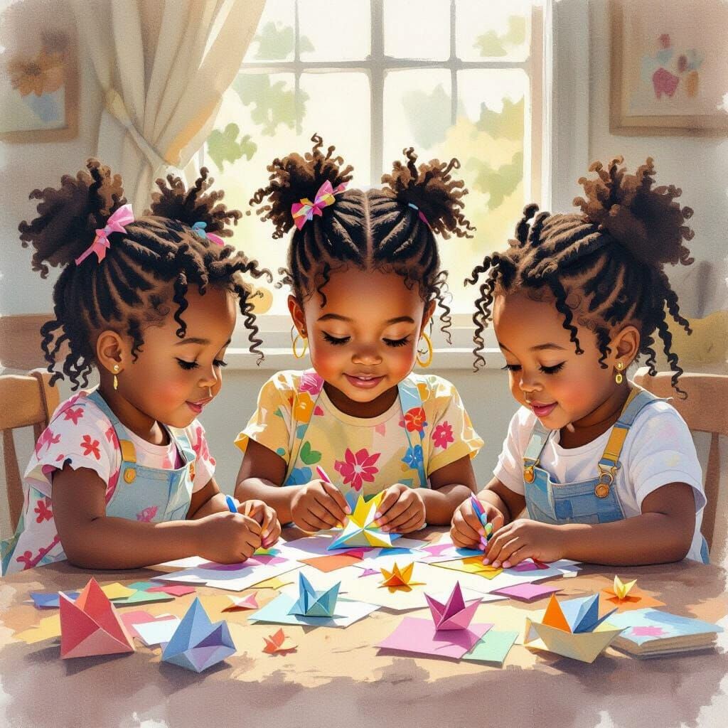Joyful Children Crafting Origami in Watercolor Style