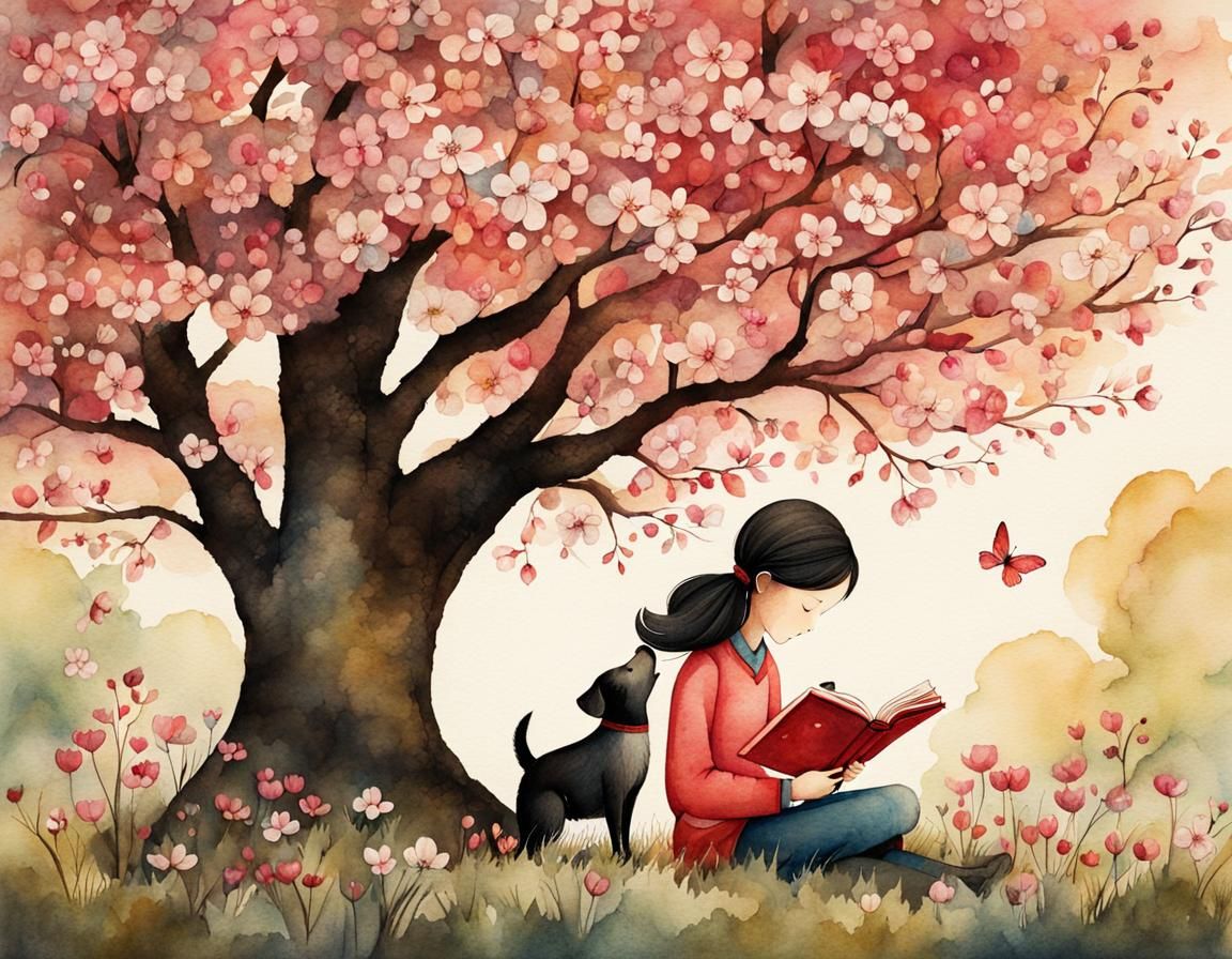 Girl and Puppy Reading Under a Dogwood Tree