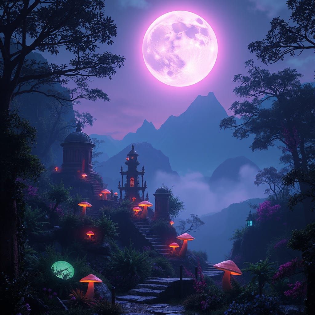 Dreamlike Moonlit Fantasy Landscape in Cinematic Lighting
