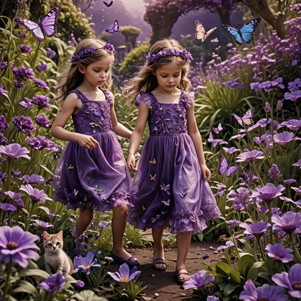 Enchanted Purple Garden with Fairies and Children
