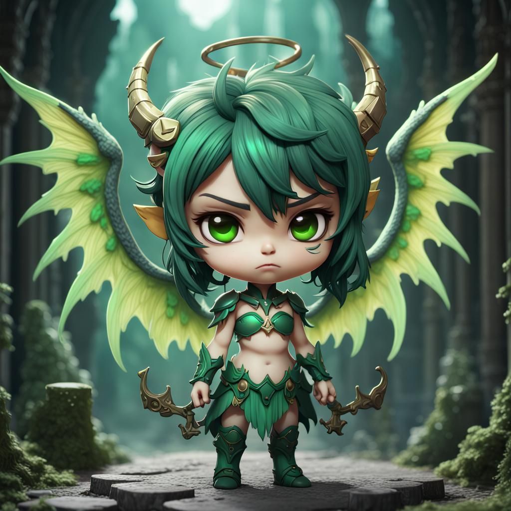 Green Chibi Angel Demon in Detailed Matte Painting