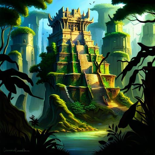 Futuristic Mayan Temple in Post-Apocalyptic Jungle