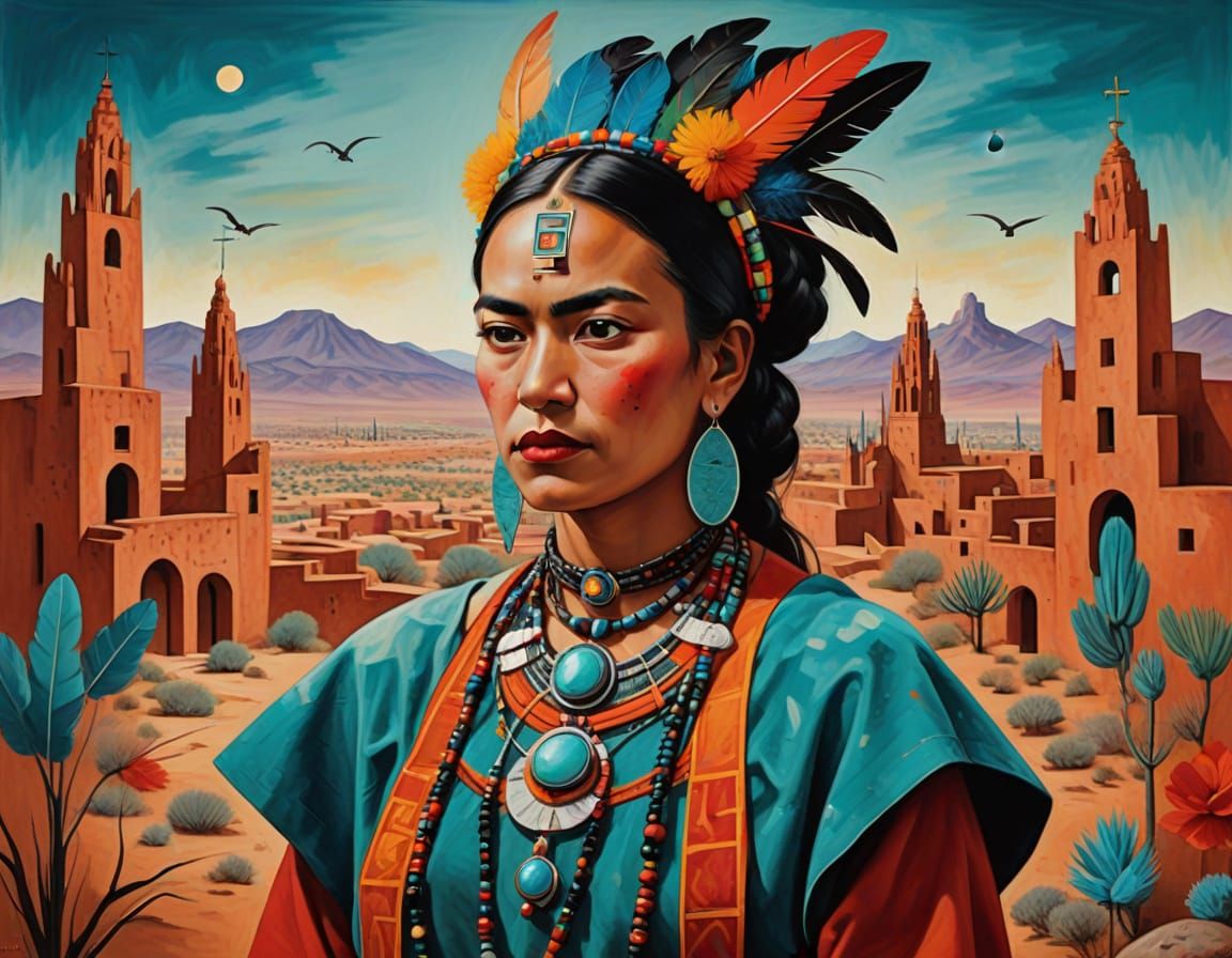 Native American Woman in Vibrant Cityscape Inspired by Miro ...