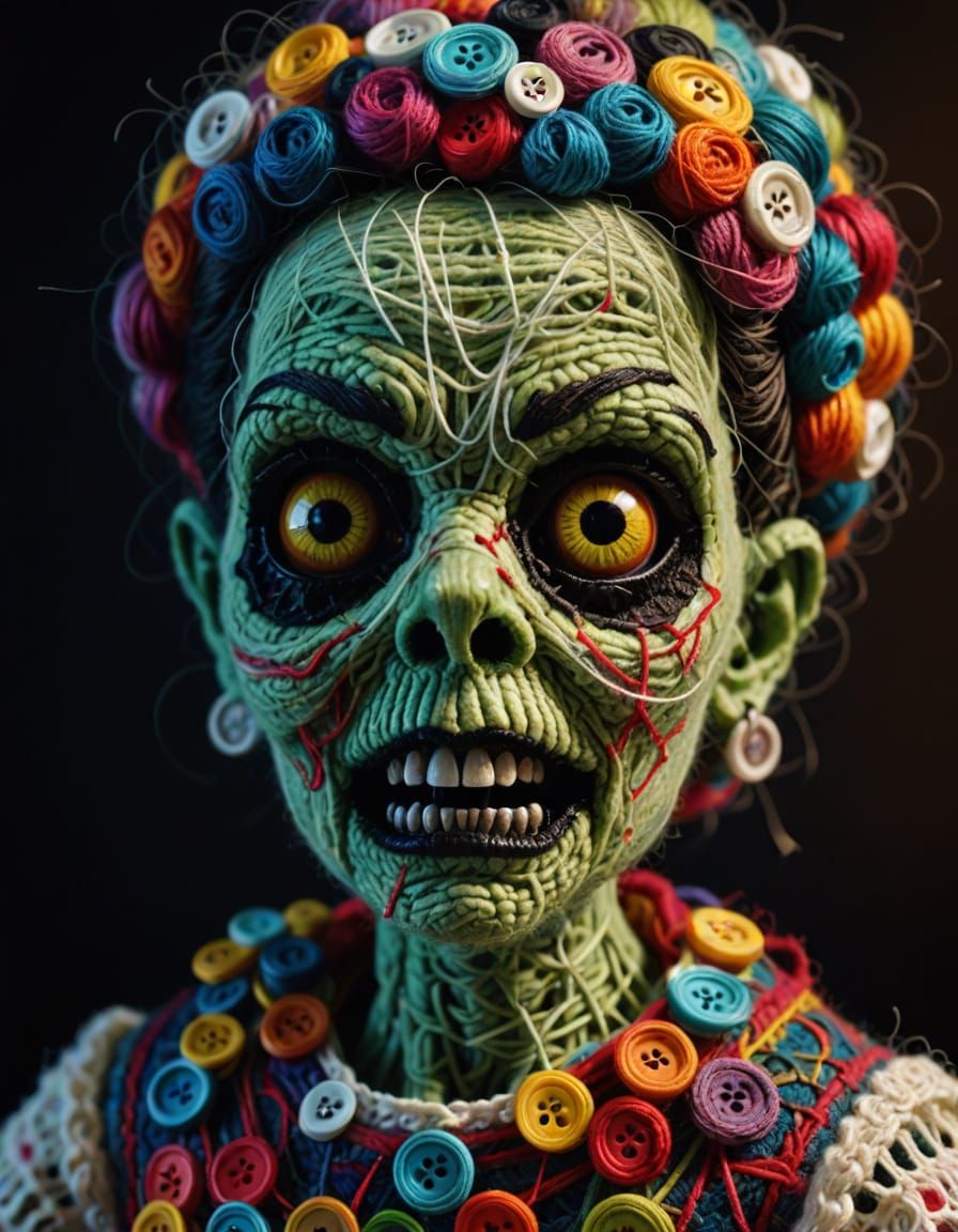 1950s Yarn Zombie Doll in Hyper-Realistic Fiber Art