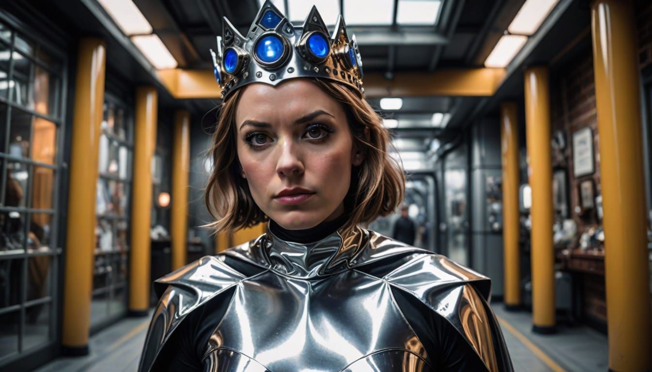 Shiny Latex Timelord Woman in Wide-Angle Photo