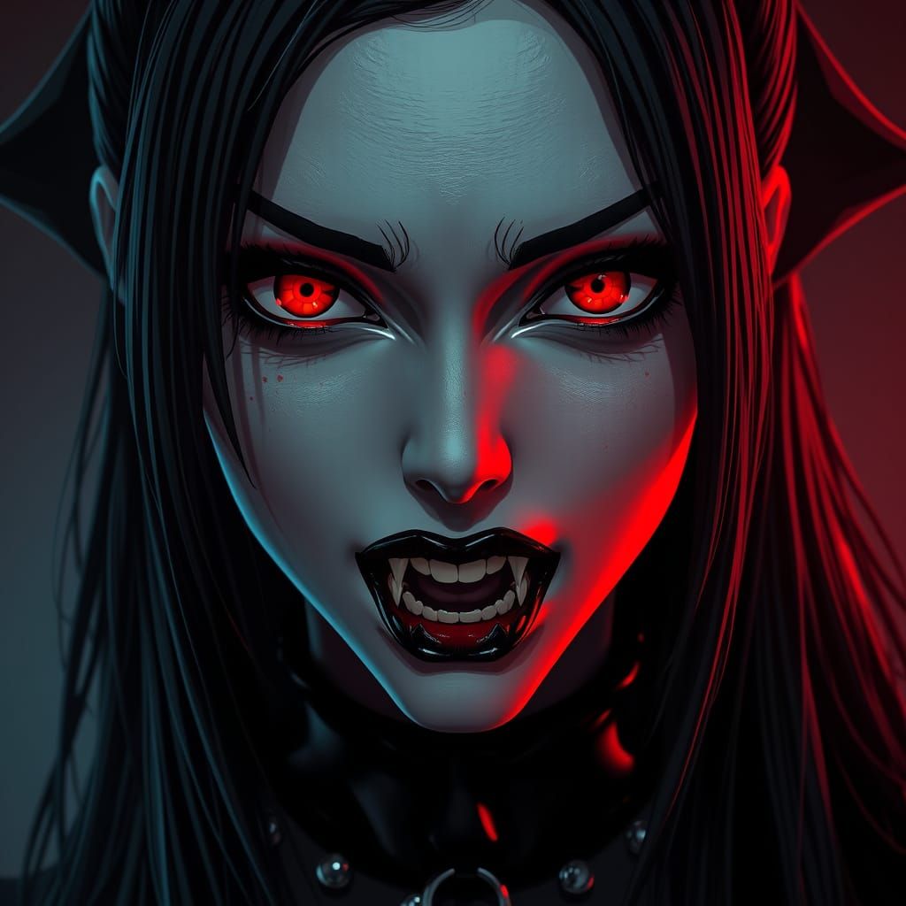 Gothic Vampire Girl with Red Eyes in Heavy Metal Comic Style