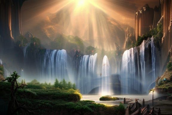 Epic Waterfall City Gate with Wizard in Sunlight
